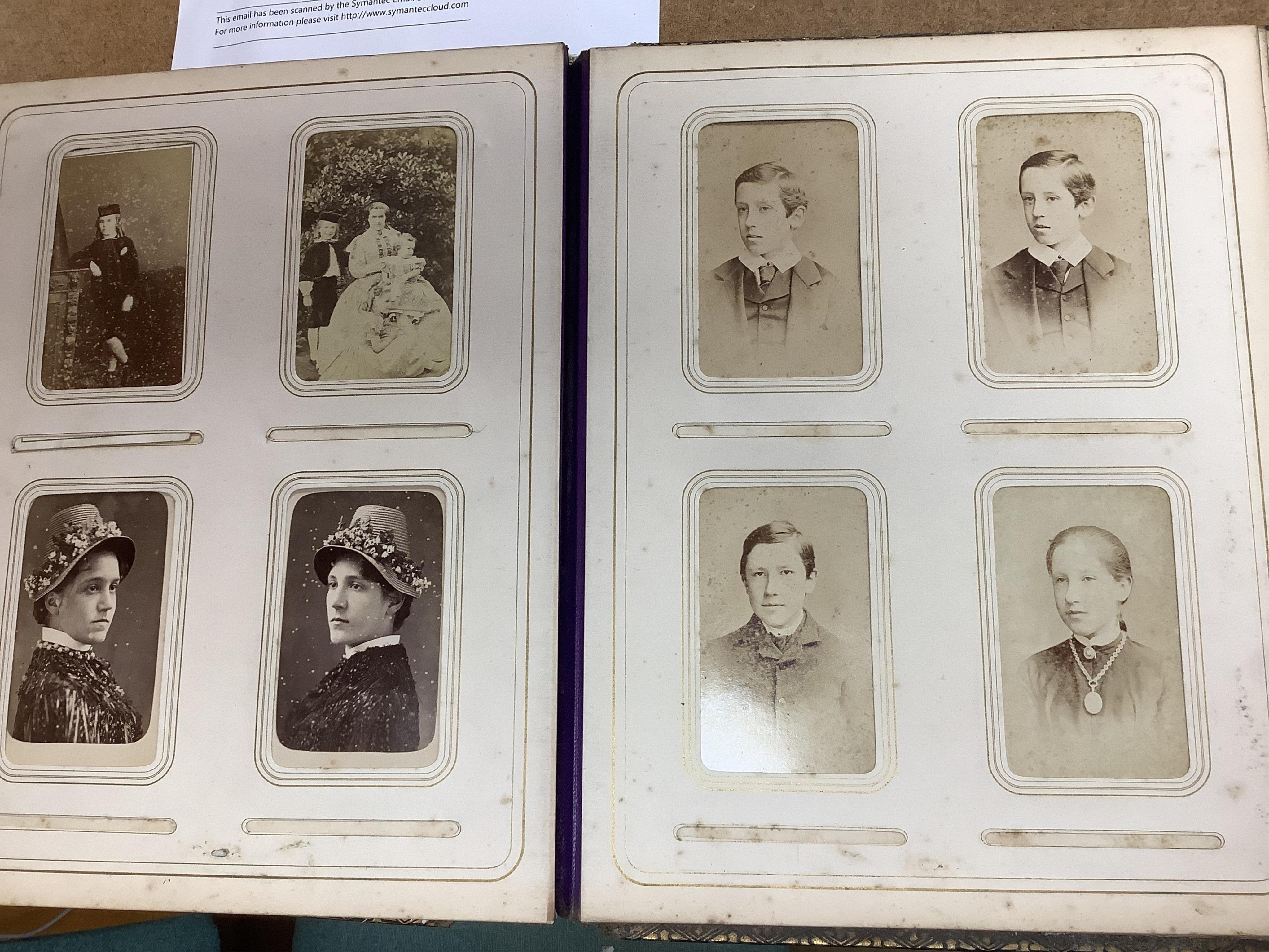 A Victorian malachite mounted amboyna family photograph album, 23cm x 30cm